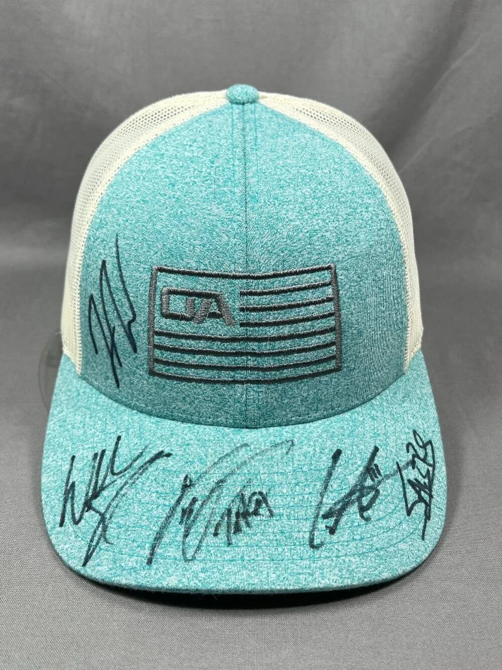 Richardson Trucker Hat Blue Teal Ivory Mesh Snapback Fishing Flag Signatures Cap